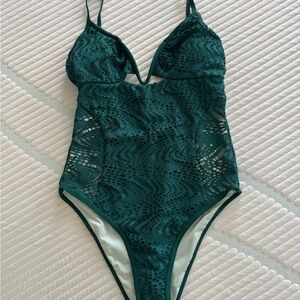 Cupshe Dark Green Crochet One-Piece Swimsuit with Mint Lining